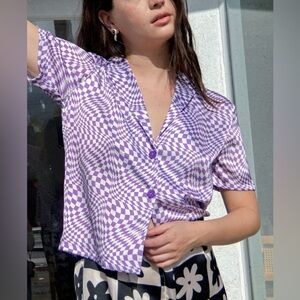 Lisa Says Gah x KJP Reese Top Trippy Checkered Blouse Purple Size XL